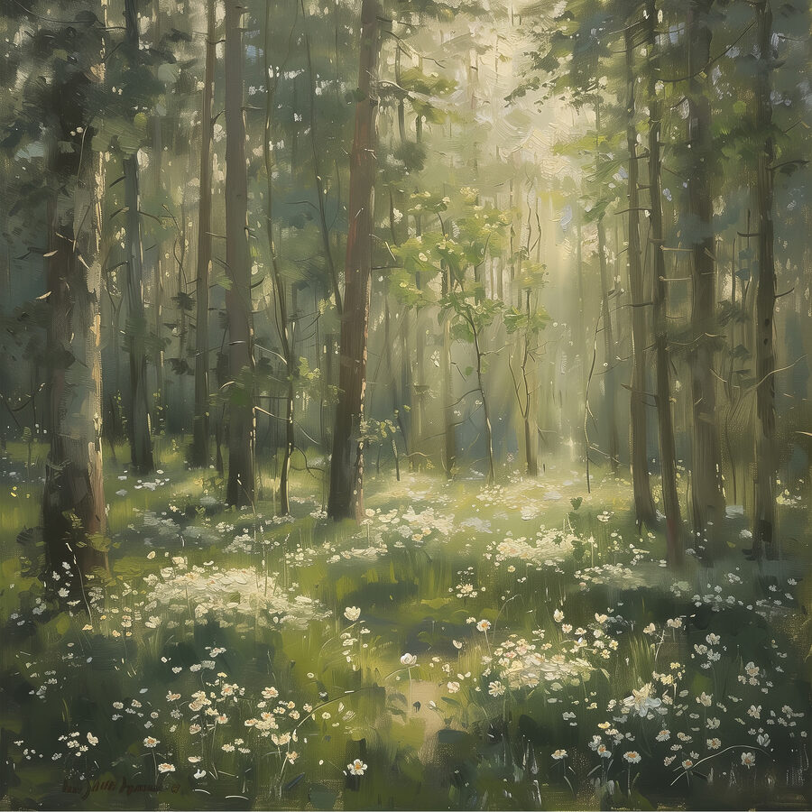 Forêt avec arbres et fleurs