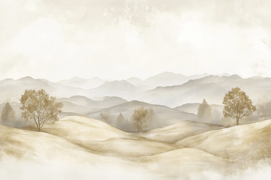 Paysage de collines avec arbres et montagnes en arrière-plan