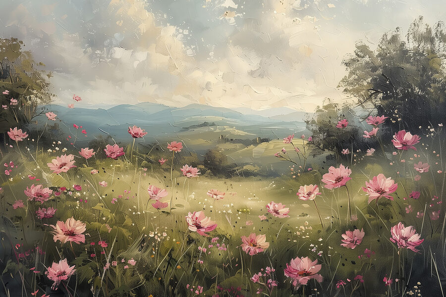 Peinture d'un champ de fleurs roses