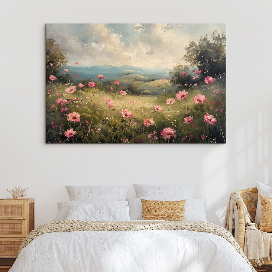 Peinture d'un champ de fleurs roses