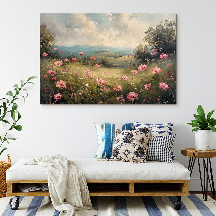 Peinture d'un champ de fleurs roses