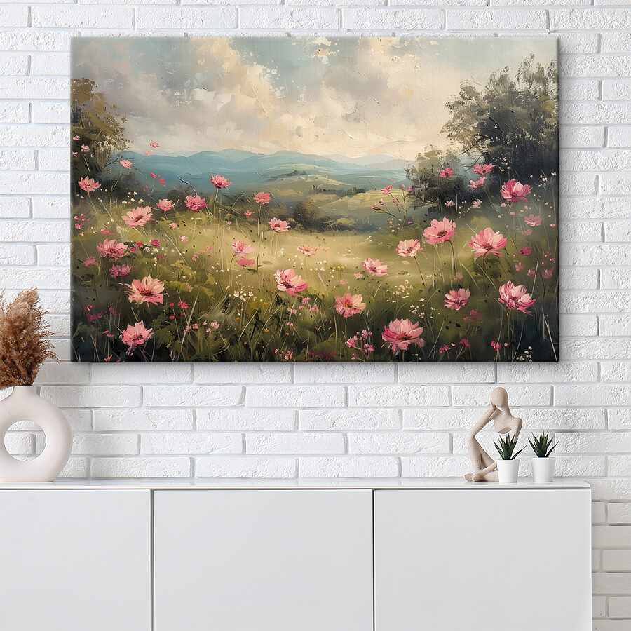 Peinture d'un champ de fleurs roses