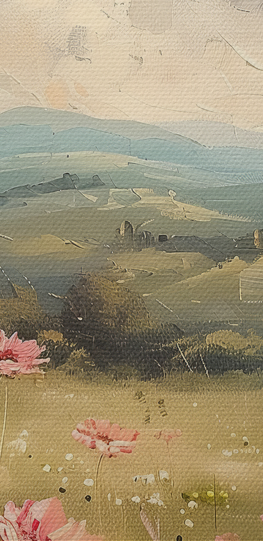 Peinture d'un champ de fleurs roses