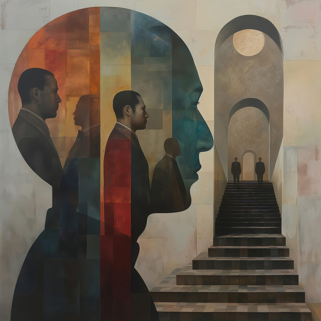 Painting of a man's face and a staircase