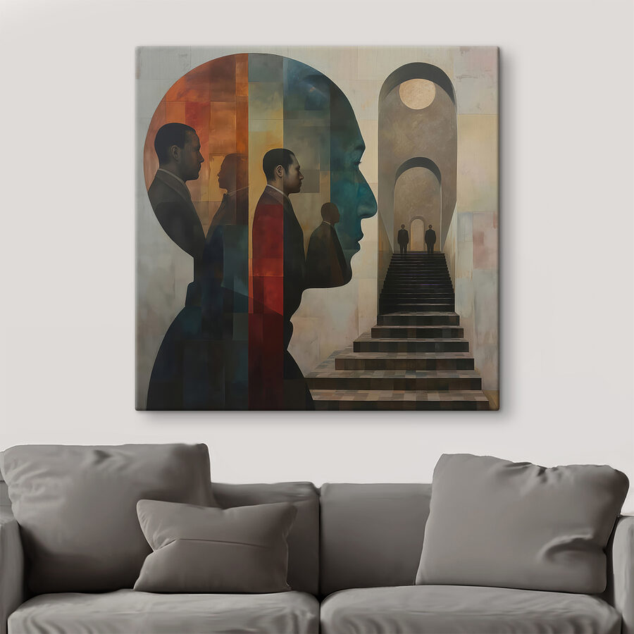 Peinture d'un visage d'homme et d'un escalier