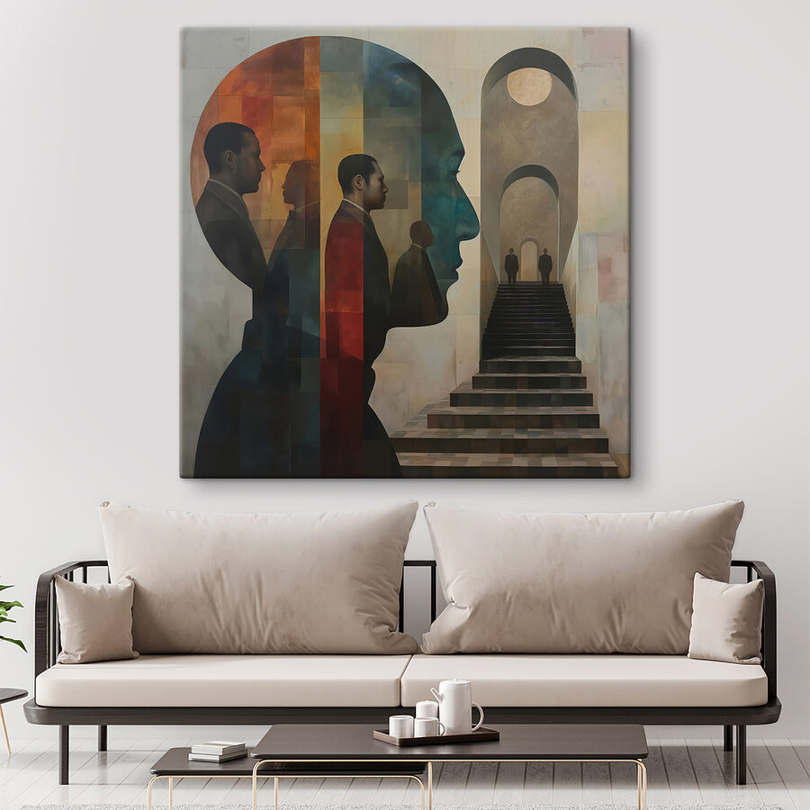 Peinture d'un visage d'homme et d'un escalier