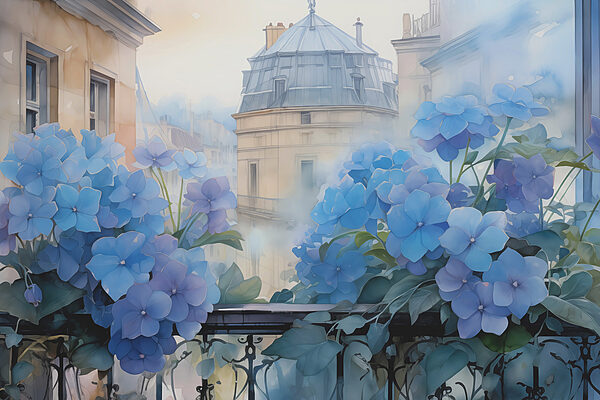 Peinture de fleurs bleues sur un balcon Peinture de fleurs bleues sur un balcon