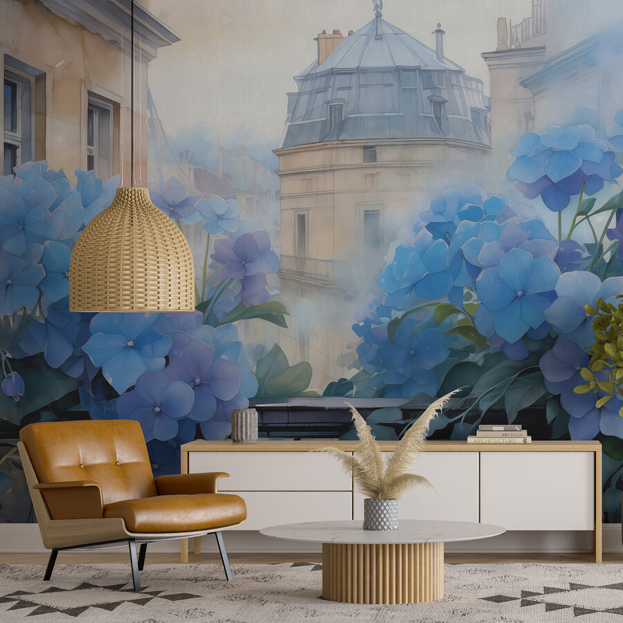 Peinture de fleurs bleues sur un balcon