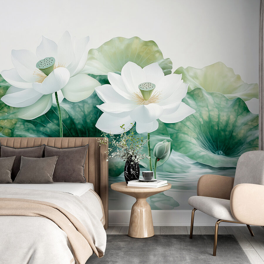 Groupe de fleurs blanches et de feuilles vertes dans l'eau
