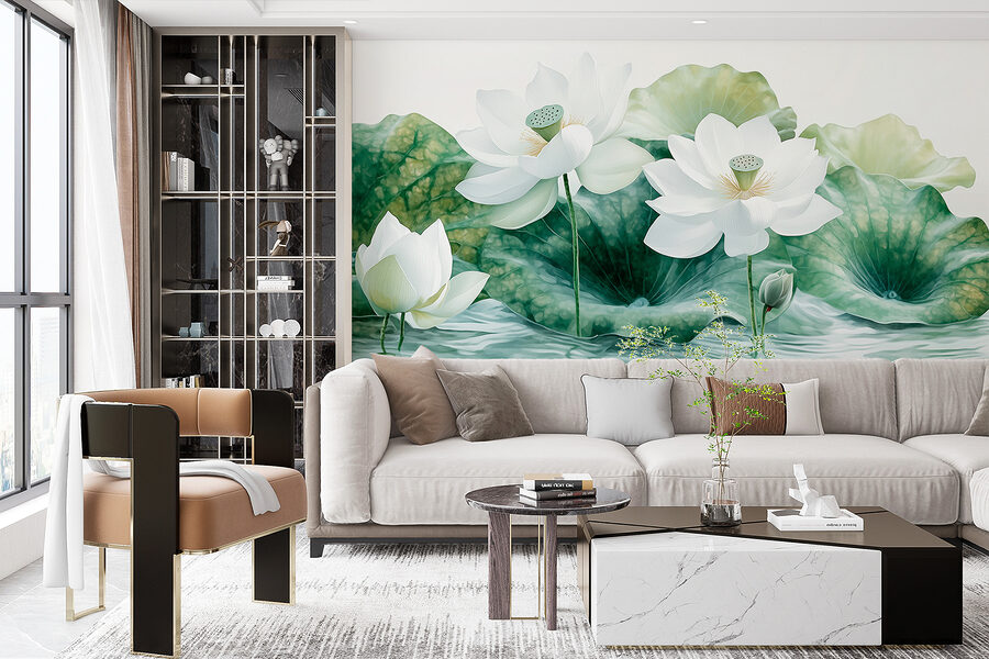 Groupe de fleurs blanches et de feuilles vertes dans l'eau