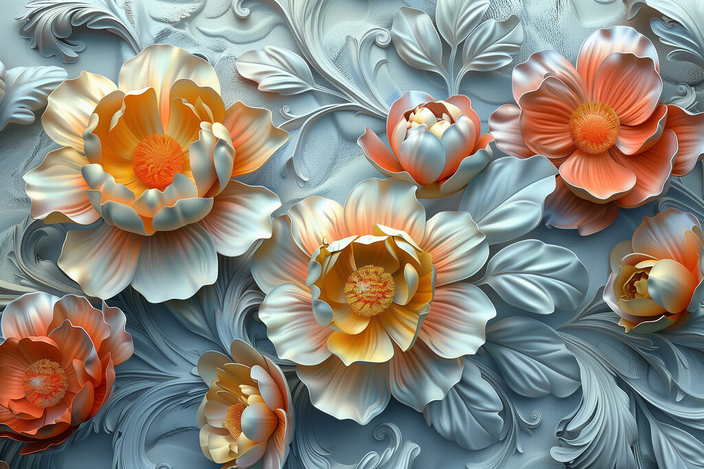 Papier peint avec des fleurs et des feuilles Papier peint avec des fleurs et des feuilles
