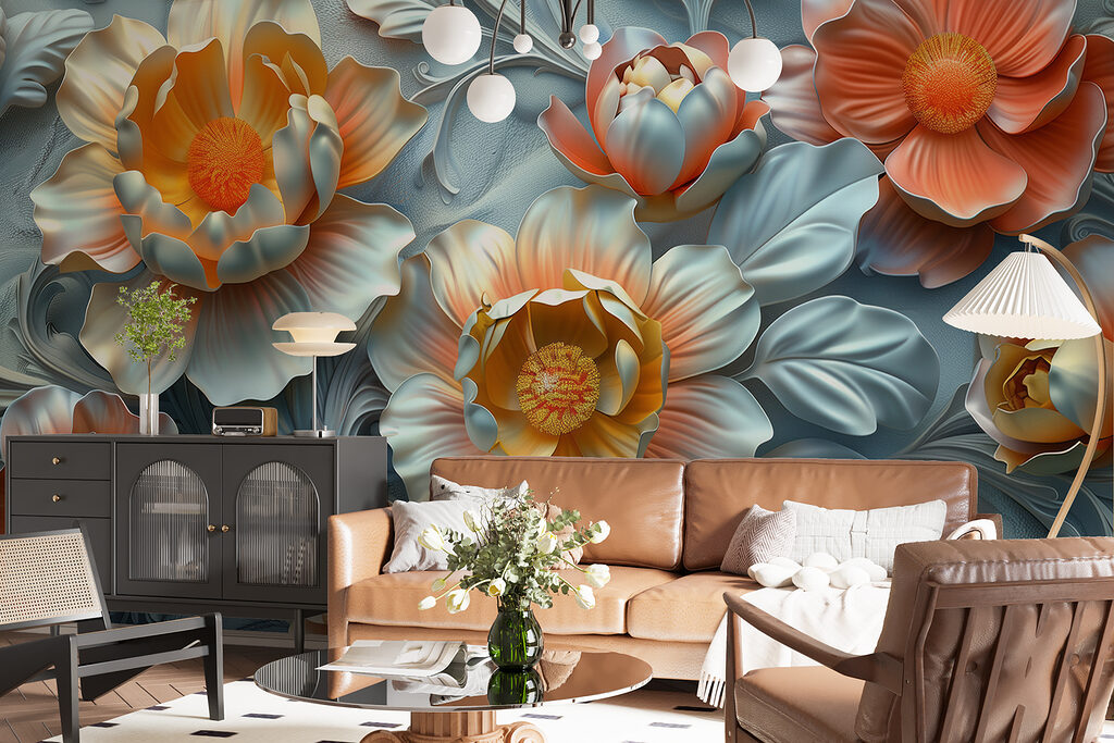 Wallpaper with flowers and leaves