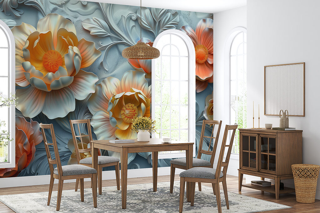 Wallpaper with flowers and leaves