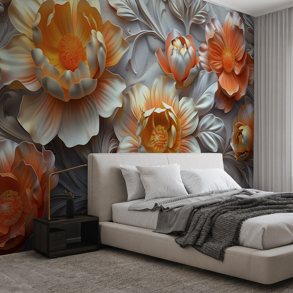 Wallpaper with flowers and leaves