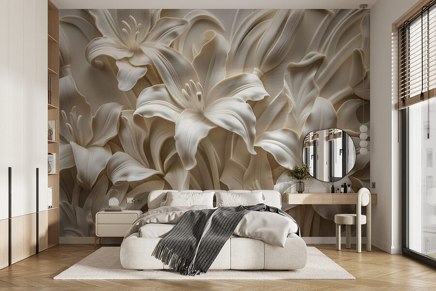 Sculpture de fleurs blanches sur un mur Sculpture de fleurs blanches sur un mur