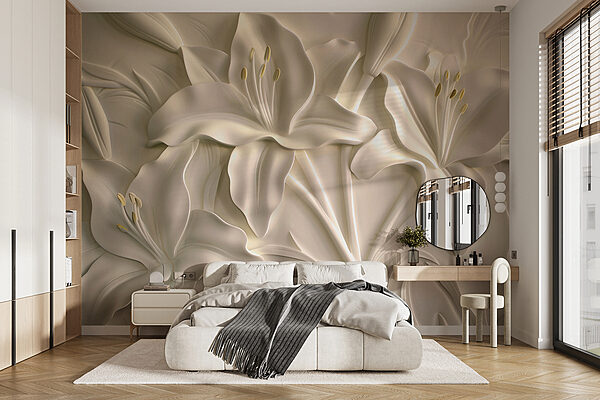 Sculpture de fleurs blanches sur un mur Sculpture de fleurs blanches sur un mur