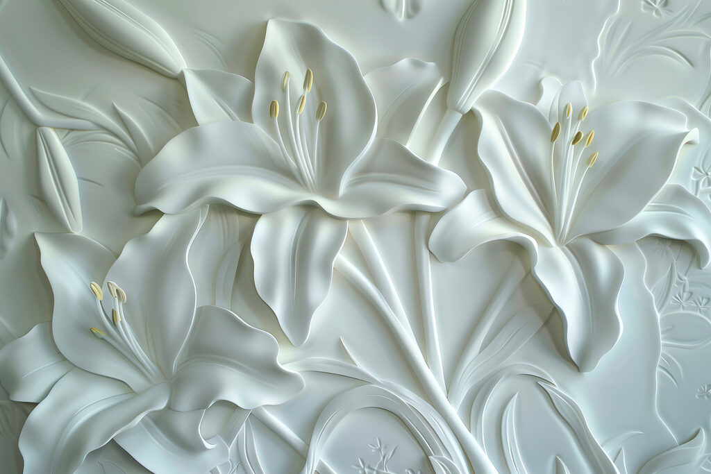 Sculpture de fleurs blanches sur un mur Sculpture de fleurs blanches sur un mur