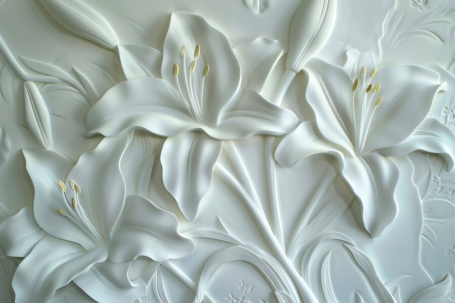 Sculpture de fleurs blanches sur un mur