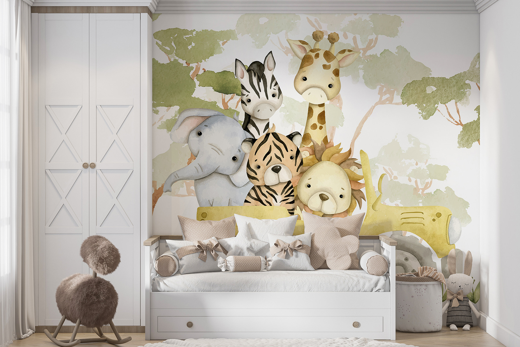 Group of animals in a yellow truck