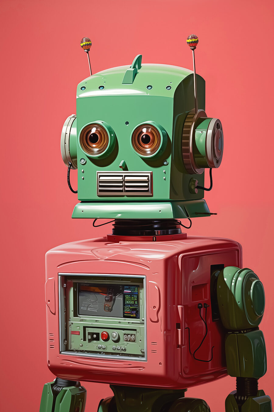 Robot vert et rose avec de grands yeux