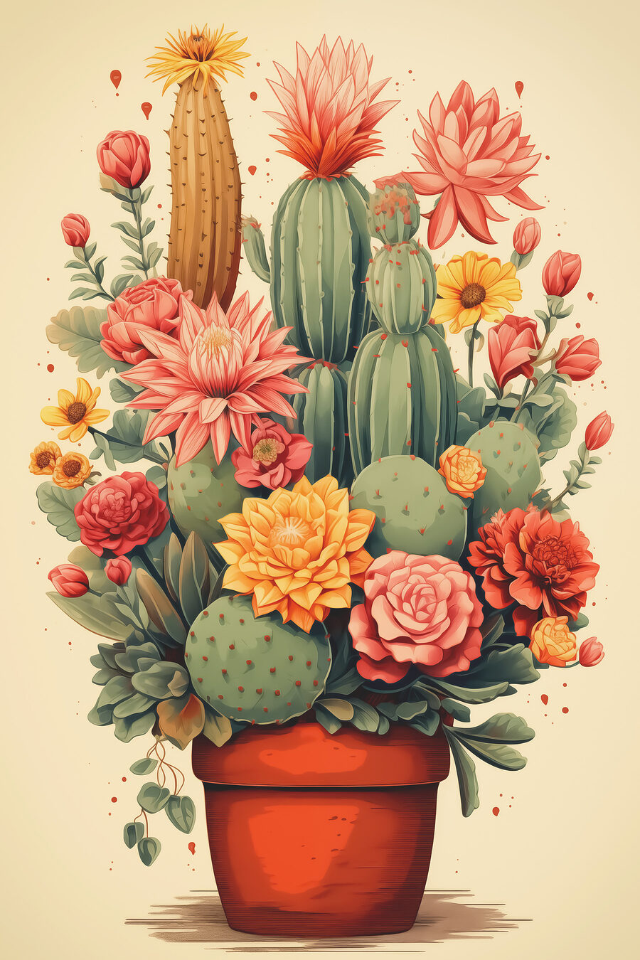 Cactus et fleurs dans un pot