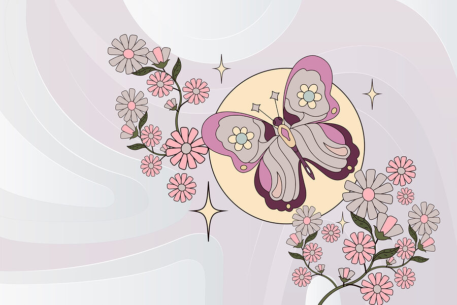 Papillon et fleurs sur fond blanc