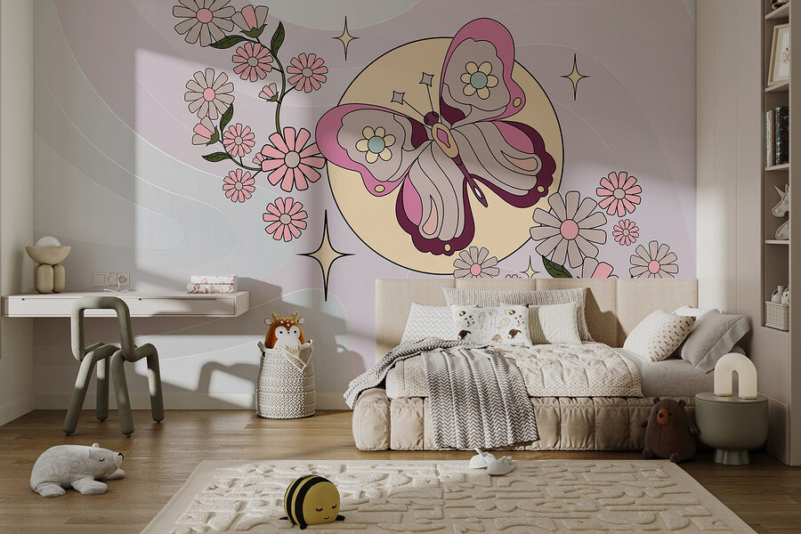 Papillon et fleurs sur fond blanc