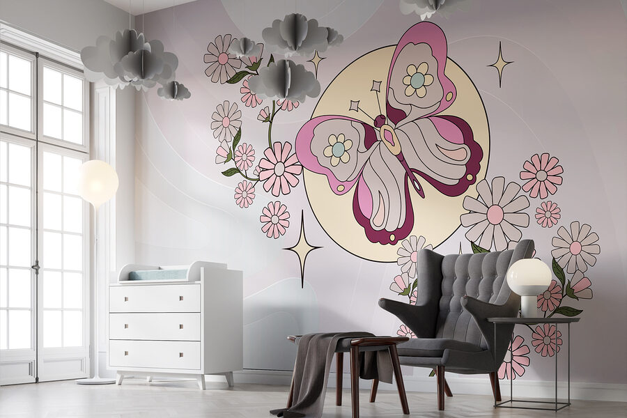 Papillon et fleurs sur fond blanc