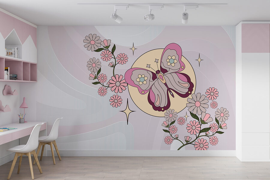 Papillon et fleurs sur fond blanc