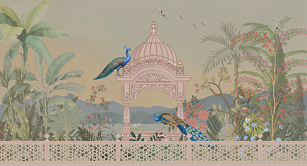 Peinture murale d'un bâtiment avec un toit et des oiseaux Peinture murale d'un bâtiment avec un toit et des oiseaux