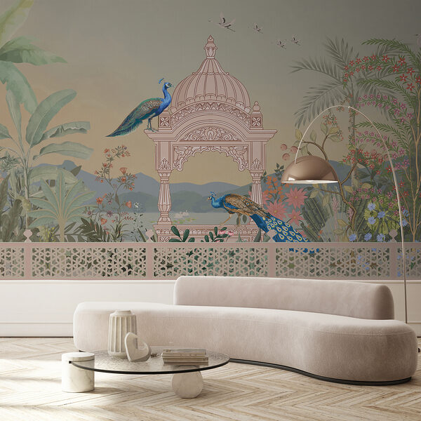 Peinture murale d'un bâtiment avec un toit et des oiseaux Peinture murale d'un bâtiment avec un toit et des oiseaux