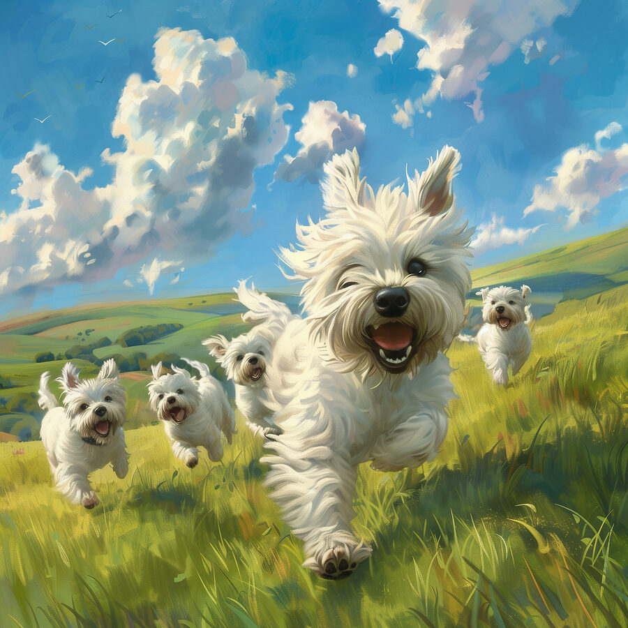 Groupe de chiens blancs courant dans un champ