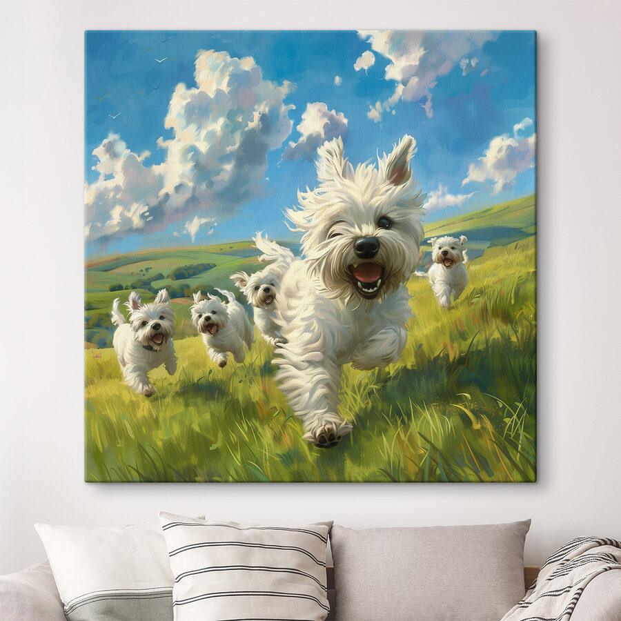 Groupe de chiens blancs courant dans un champ