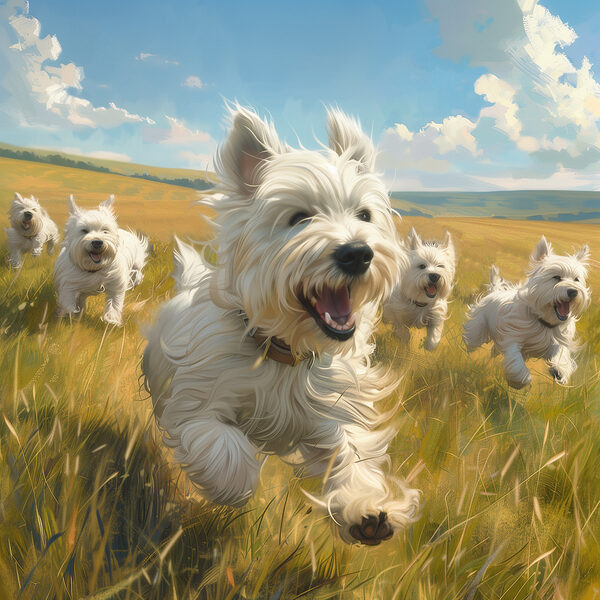 Groupe de chiens blancs courant dans un champ Groupe de chiens blancs courant dans un champ