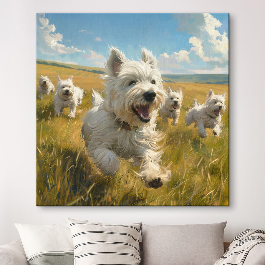 Groupe de chiens blancs courant dans un champ Groupe de chiens blancs courant dans un champ