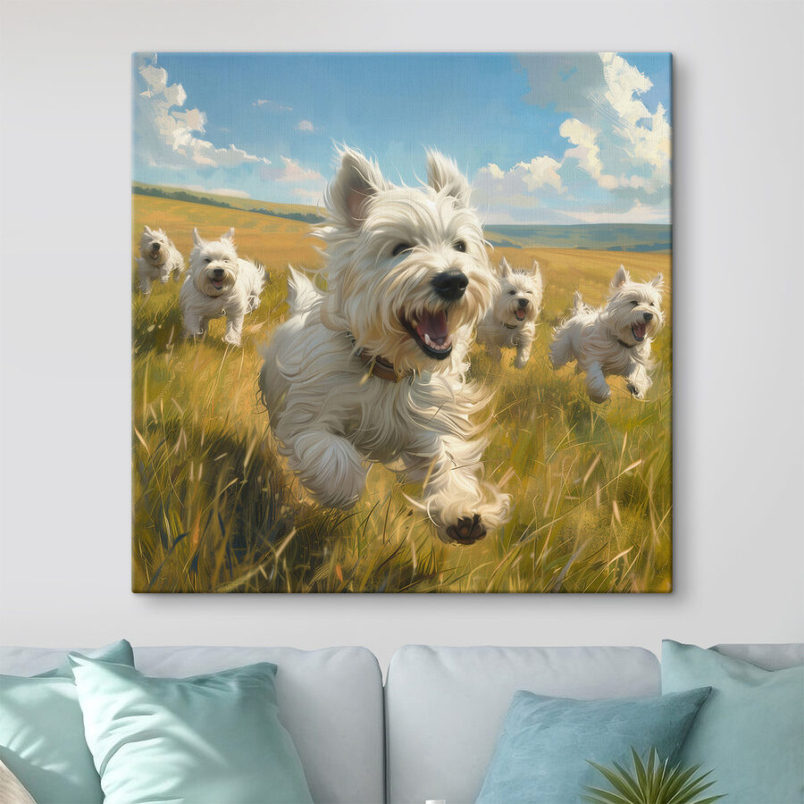 Groupe de chiens blancs courant dans un champ Groupe de chiens blancs courant dans un champ