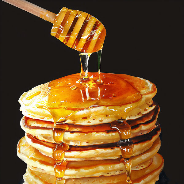 Pile de crêpes avec du miel coulant d'un bâton en bois Pile de crêpes avec du miel coulant d'un bâton en bois