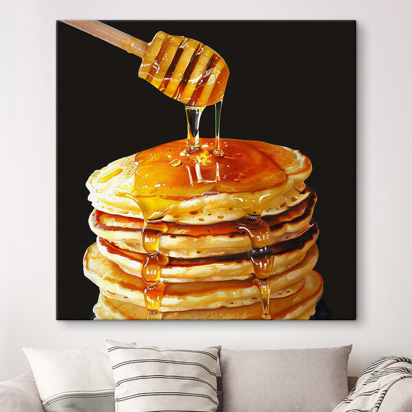 Pile de crêpes avec du miel coulant d'un bâton en bois Pile de crêpes avec du miel coulant d'un bâton en bois