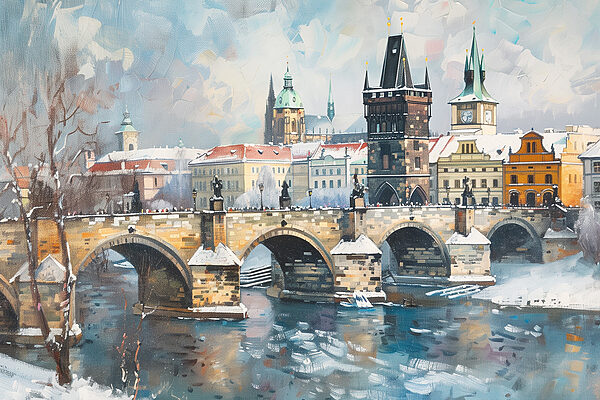Pont sur l'eau avec des bâtiments et de la neige Pont sur l'eau avec des bâtiments et de la neige