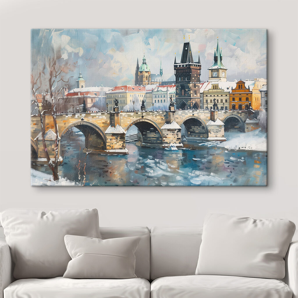 Bridge over water with buildings and snow Bridge over water with buildings and snow
