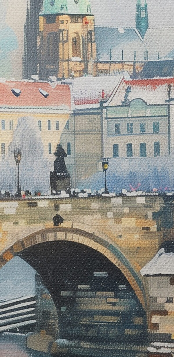 Pont sur l'eau avec des bâtiments et de la neige Pont sur l'eau avec des bâtiments et de la neige