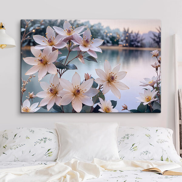 Group of white flowers next to a body of water Group of white flowers next to a body of water