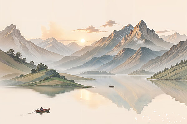 Lac avec montagnes et bateau Lac avec montagnes et bateau