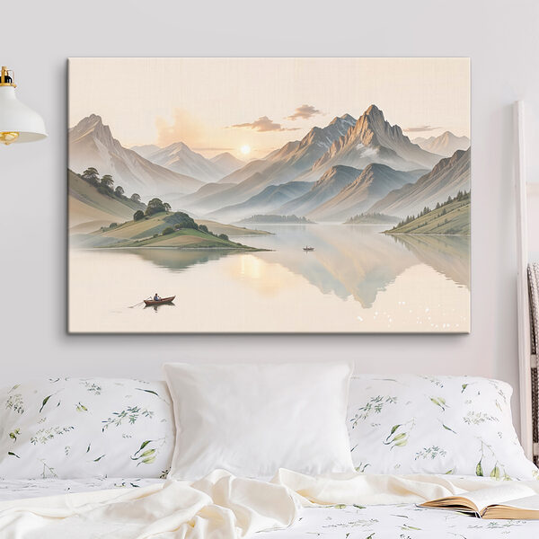 Lac avec montagnes et bateau Lac avec montagnes et bateau