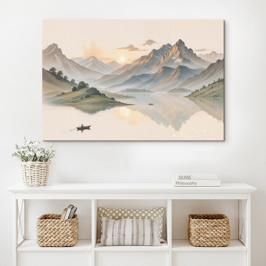 Lac avec montagnes et bateau Lac avec montagnes et bateau