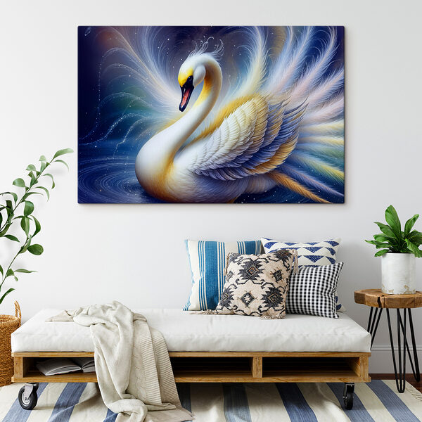 Cygne blanc avec plumes jaunes et bleues Cygne blanc avec plumes jaunes et bleues