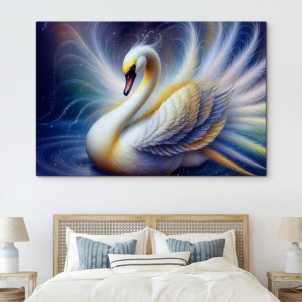 Cygne blanc avec plumes jaunes et bleues Cygne blanc avec plumes jaunes et bleues