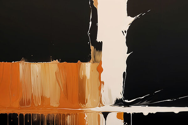 Peinture blanche et orange dégoulinant sur une surface noire Peinture blanche et orange dégoulinant sur une surface noire