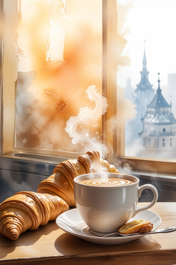 Tasse de café et croissants sur une table Tasse de café et croissants sur une table