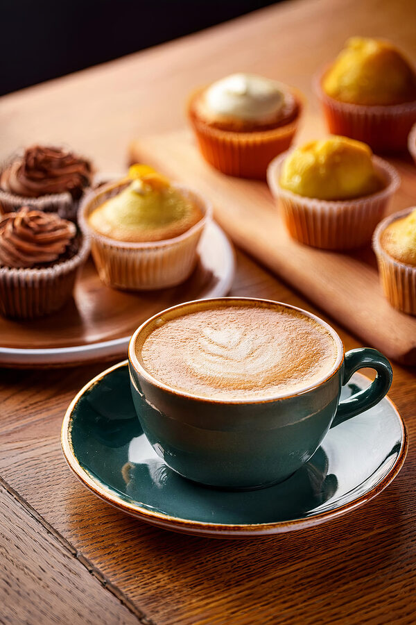Cup of coffee and cupcakes on a table